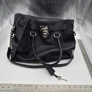MICHAEL KORS large Hamilton saffiano x-body satchel/shoulder bag BLACK/SILVER - Picture 1 of 11