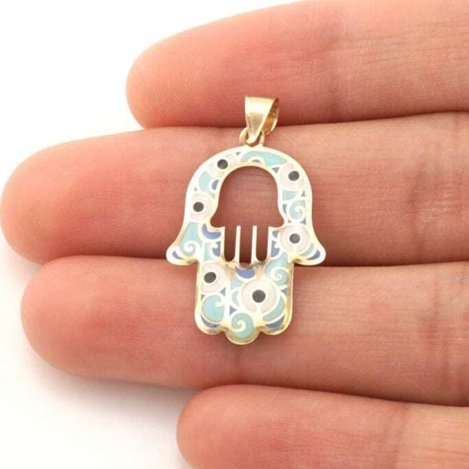 Colgante Mano de Fátima Hamsa Remolino Mal de Ojo Esmalte Azul Oro Amarillo 10k Foto 1 de 4