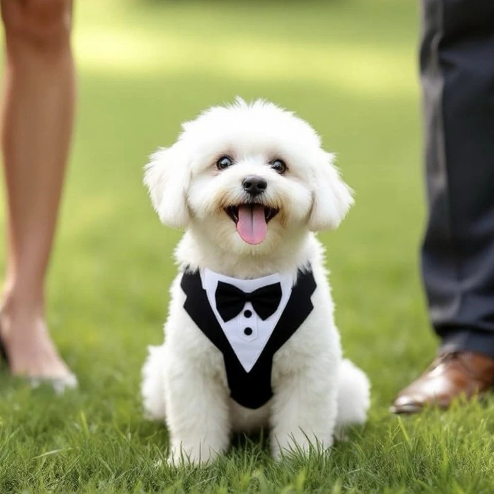 Esmoquin para perro nuevo sin etiquetas traje de boda formal con pajarita ajustable traje para mascotas para fotos Foto 1 de 4