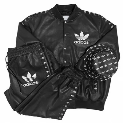 Adidas Conjunto de Traje de Pista de Cuero Negro Chaqueta Pantalones Sombrero de Cubo Logotipo del Trifolio Limitado Foto 1 de 4