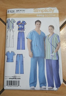 UNCUT Simplicity 4101 Unisex Scrubs Tops & Pants Nurses AA (S-L) Sewing Pattern - Image 1 of 3