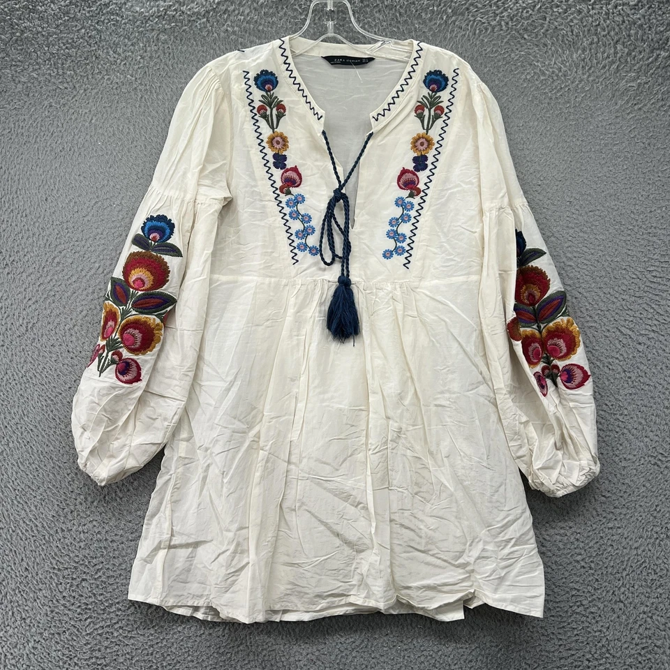 Zara Woman Dress Womens Large White Boho Embroidered Floral Tunic Peasant Top - Image 1 of 4