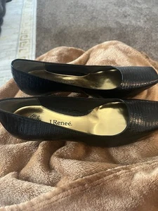 Beautiful J Renee Black Beam Lizard Print Shoes Gold Accent Heel Size 10M - Picture 1 of 5