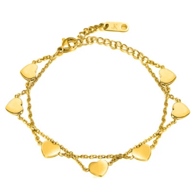 DAMEN ARMBAND HERZ ANHÄNGER IN GOLD EDELSTAHL ARMKETTE SCHMUCK DOPPEL KETTE NEU - Bild 1 von 4