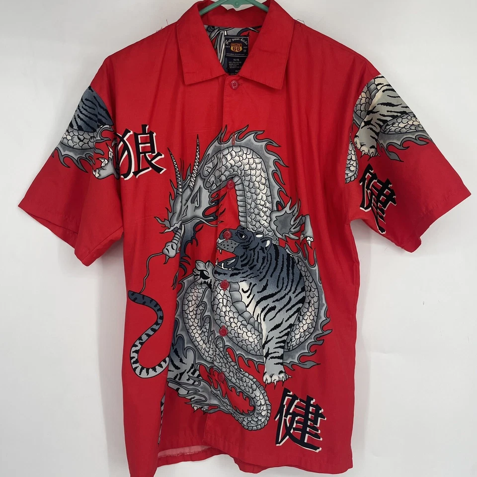 Camisa con botones Vontage Y2K Route 66 AOP Dragon para niños 14/16 pequeña roja china Foto 1 de 4