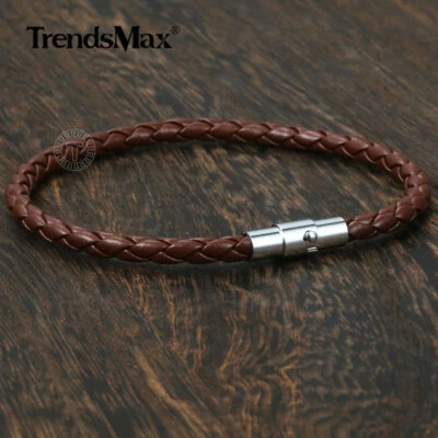4mm Brown Color Man-made Braided Leather Rope Bracelet Magnetic for 7-7.5" Wrist - Image 1 of 4