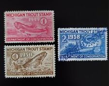 1949, 1950 & 1958 Michigan Trout Stamp, Department of Conservation, Set of 3