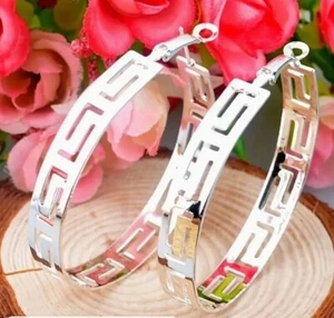NEW WOMEN'S MEDIUM LARGE SILVER GREEK KEY ROUND HOOP EARRINGS LIGHT WEIGHT 2" - Picture 1 of 4