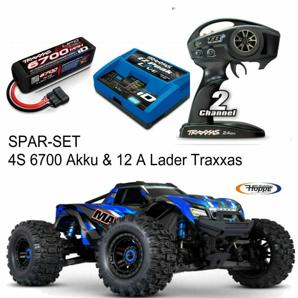 Traxxas Wide Maxx Monster Truck Blu 4S 6700 mAh Batteria Caricatore 12A RTR
