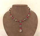 Vintage Red & Silver Bead Necklace w Crystal Ball Pendant