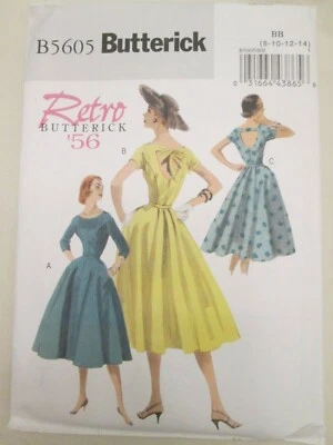 Butterick 5605 Retro '56 Dress Pattern 8-14 Flared Skirt Sleeve Variations Uncut - Image 1 of 2