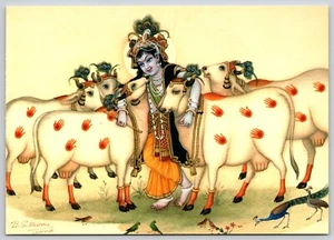 Postcard Krishna Shows His Affection for Cows Krishna Hindu God Art 2004 - Picture 1 of 2
