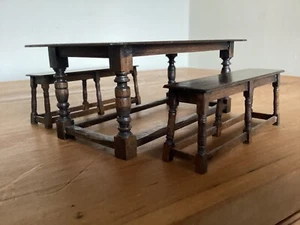 1:12 scale Tudor Refectory Table and Two Benches. Escutcheon. Used - Picture 1 of 12
