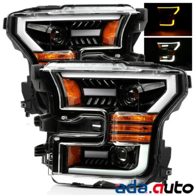 [LED Tube]2015 2016 2017 Ford F-150 Polished Black LED Bar Projector Headlights - Image 1 of 4