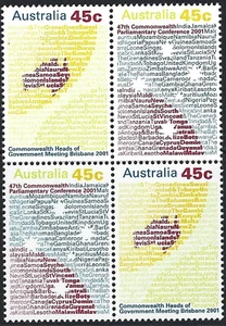 2001 Australia SG# 2138a Commonwealth Parliamentary Meetings CHOGM Block x 4 MUH - Foto 1 di 1