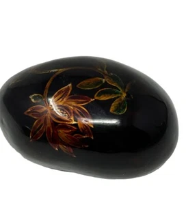 Painted Paperweight Glossy Brown Stone Floral Copper/Green 4"x 2 1/2" x 2" - Picture 1 of 10