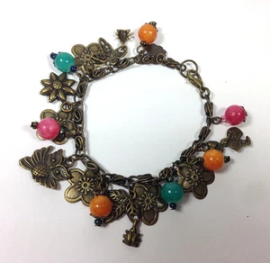 Handmade 6.5" Vintage Brass Metal  Flower Teal Pink Yellow Stone Bracelet Charm - Picture 1 of 3