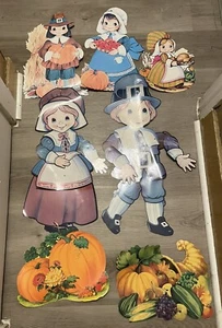 VTG Thanksgiving Cardboard Die Cuts 7 Pieces 2 Jointed Pilgrims Beistle - Picture 1 of 18
