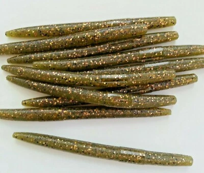 DOLITTLE & FISHMORE 50 pk 5" Senko-style - GREEN OLIVE/GOLD FLAKE - Soft Plastic Worms -SCENT & SALT