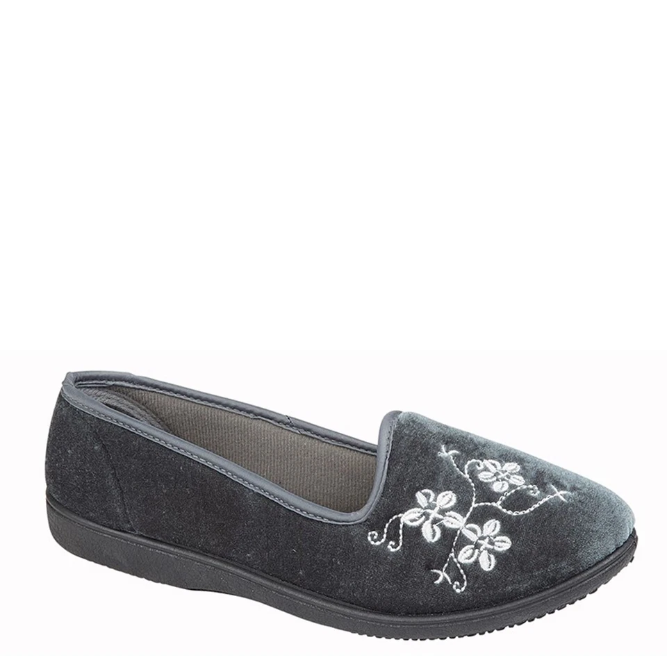 Zedzzz Ladies' Jenny Floral Embroidered Slip On Velour Slippers