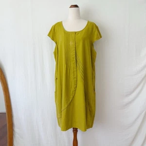 Vintage Portobello Dress Size XL Chartreuse Green Linen Cotton? Lagenlook Pocket - Picture 1 of 8