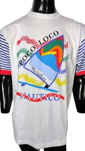 VTG 80s Rainbow Striped Poco Loco Puerto Vallarta Nautico Sailboat Tee L/XL NOS - Picture 1 of 7