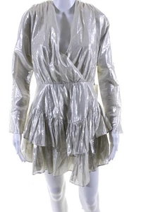 LPA Womens Long Sleeve Metallic V Neck Tiered A Line Dress Silver Size Medium - Picture 1 of 7