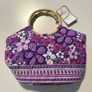 VERA BRADLEY Rare Petal Power Purple Bamboo Handles Tote Purse Satchel Retired - Picture 1 of 10