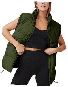 Womens Zip Up Puffer Vest Stand Collar Sleeveless Padded Medium Armygreen - Picture 1 of 7