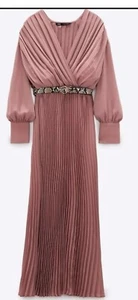 Zara Dusk Pink Pleated Midi Dress with animal print leather belt Size S - Picture 1 of 5