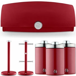 Kitchen Food Storage Set Red Tea Coffee Sugar Bread Bin Towel Mug Tree Holder - Picture 1 of 10