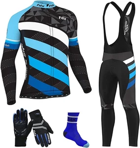 Men's Winter thermal fleece Cycling Long Sleeve Jersey Gel Padded Bib tight Set