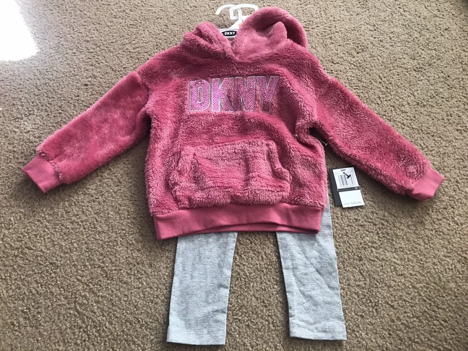 DKNY Toddler Girls Size 3T 2Pc Set Fleece Hoodie Leggings Pants Pink NWT - Image 1 of 4