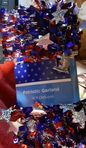 NEW Red White & Blue Patriotic Tri-Color Tinsel Garland w/Silver Stars 12' - Picture 1 of 2