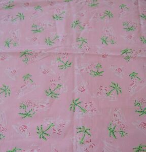 VTG 1 Yd 60" W Novelty Fabric Pink Beach Tropical Palm Tree Hut Waffle Weave