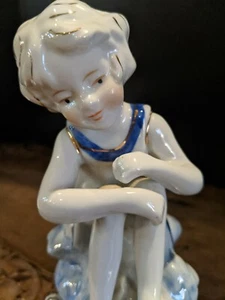 Vintage Porcelain Figurine Girl Sitting With Goose Ducks White Blue 6" Unmarked - Picture 1 of 11