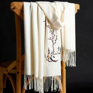 New Women Elegant Pure Color Scarf Embroidery Keep Warm Cashmere Shawl - Picture 1 of 15