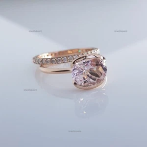 925 Sterling Silver Pink Morganite & CZ Diamond Half Bezel Ring Handmade Jewelry - Picture 1 of 8
