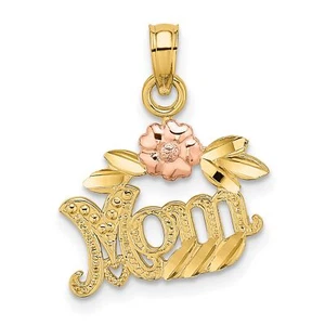 Textured Scroll Flower MOM Charm In Real 14k Yellow Two Tone Gold - Picture 1 of 7