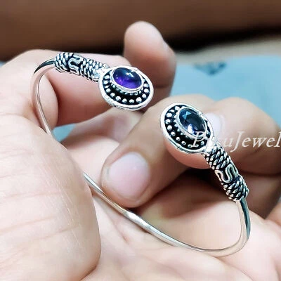 Bracciale rigido da donna in argento sterling 925 con pietre preziose ovali... - Immagine 1 di 4