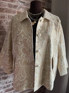 Susan Graver Ivory & Gold 3/4 Sleeve Jacket Knit Blazer Chunky Button Women's M - Picture 1 of 6