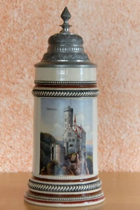 alter antiker Bierkrug 0,5l Zinndeckel Burg Schloß Lichtenstein von 1902 - Bild 1 von 13