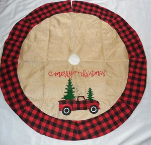 New Merry Christmas Tree Skirt 47" Red TRuck Trees Buffalo Plaid Burlap Embroid - Picture 1 of 4