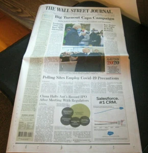 VINTAGE NEWSPAPER-NY WALL STREET JOURNAL-2020 ELECTIONS-TRUMP-BIDEN-NOV 2020 - Imagen 1 de 2
