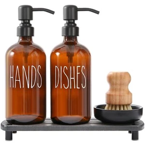 Amber Glass Soap Dispenser Set Comes With Stainless Steel Pumps Instant Dry Tray - Picture 1 of 7