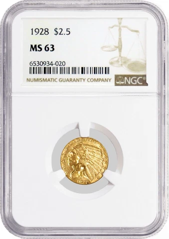 1928 $2.50 Indian Head Quarter Eagle Gold NGC MS63 Brilliant Uncirculated Coin Cover