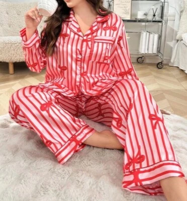 Conjunto de pijama de pierna larga manga larga a rayas rojo/rosa satinado brillante con lazos Plus 5X Foto 1 de 4