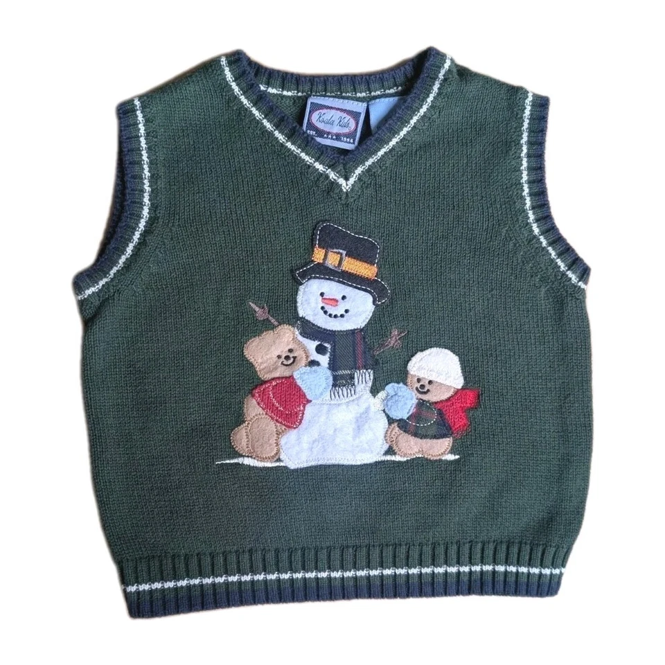 Винтажный Рождественский свитер жилет ребенка 12 М аппликация морозный снеговик 90-х коала зеленый - Изображение 1 из 4