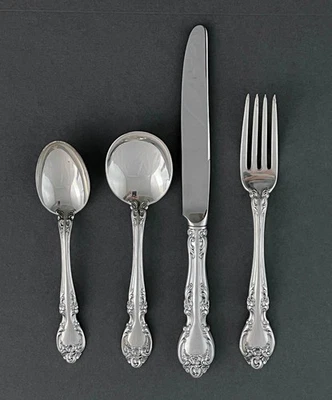 Melrose de Gorham Plata de Ley - Cuchillo, tenedor, cuchara y cuchara sopera de 4 piezas Foto 1 de 3