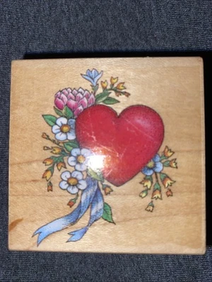 Vintage Heart & Flowers Wood Mounted Rubber Stamp - Image 1 of 4
